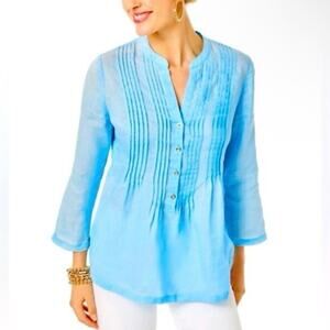Lilly Pulitzer Sz XL Sarasota Linen Tunic Top Turquoise Blue Pintuck Breathable